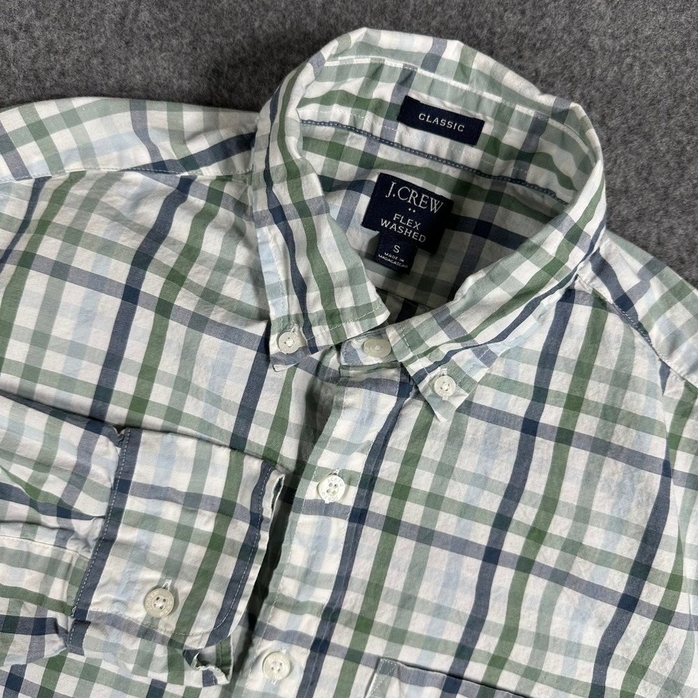 J.Crew Classic Flex Washed Mens Shirt Size S Plaid Green‎ Blue Button Down